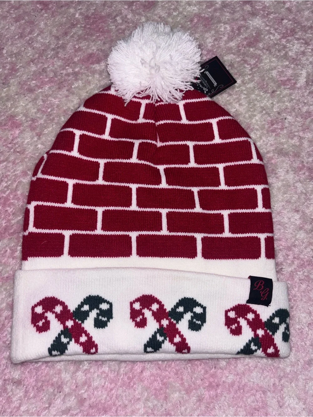 Red & White Brick Pattern Pom Beanie with Candy Cane Detail